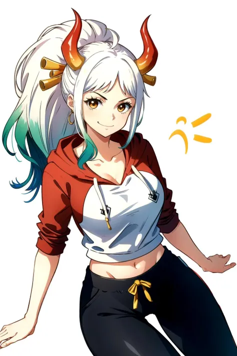 <lora:yamato_v2:1>yamato\(one piece\), green hair, smile,collarbone, black pant,mature female, long hair, horns, ponytail, white hair, large breasts, red horns, multicolored hair, ahoge, looking at viewer, 1girl,white background,long hair, cropped sweater, hoodie,yoga pants, thigh gap