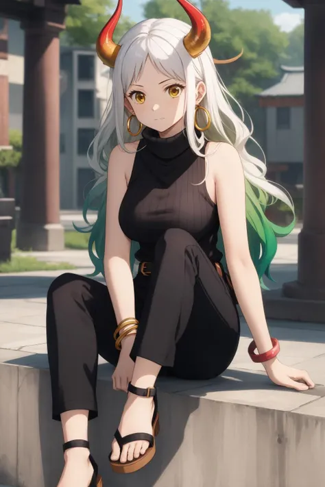 <lora:yamato_v2:1>yamato\(one piece\), turtleneck, sitting, hair ornament, white hair, oni, earrings, 1girl, toes, hoop earrings, black pants, sleeveless, belt, hair stick, multicolored hair, looking at viewer, yellow eyes, full body, solo, curled horns, sandals, white hair, bracelet, horns, ribbed sweater, crossed legs, multicolored horns, green hair, long hair, jewelry, large breasts, red horns, pants