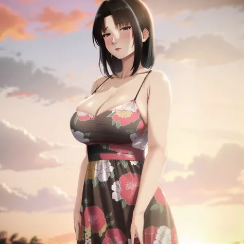 nush_xter, large breasts, park, floral dress, sunset, mature female, <lora:nush_xter_v1:0.8>, masterpiece, best quality