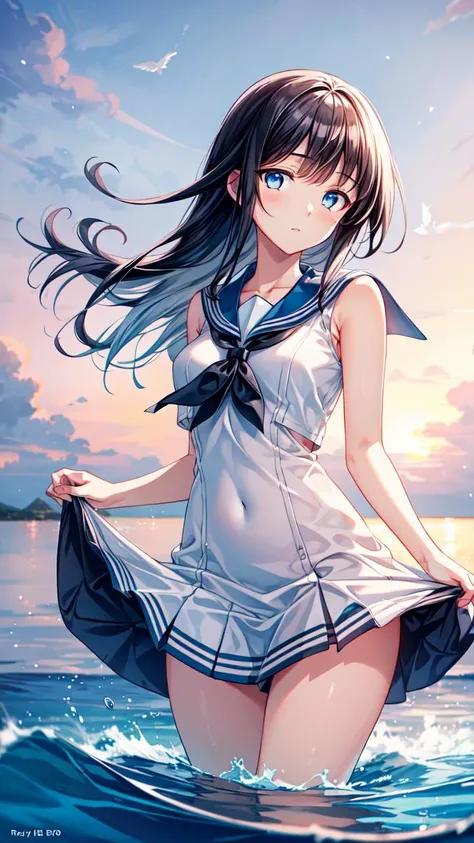masterpiece,best quality,highres,illustration,hyper detailed,8k cg wallpaper,ray tracing,((black hair:1.2)),medium breasts,((blue eyes:1.2)),((straight hair:1.2)),((long hair:1.2)),(hiten1:0.8),<lora:add_detail>,((microdress:1.2)),<lora:MicroDress_FefaAIart:0.8>,((sailor dress:1.2)),((sleeveless:1.2)),((wading:1.1)),ocean,