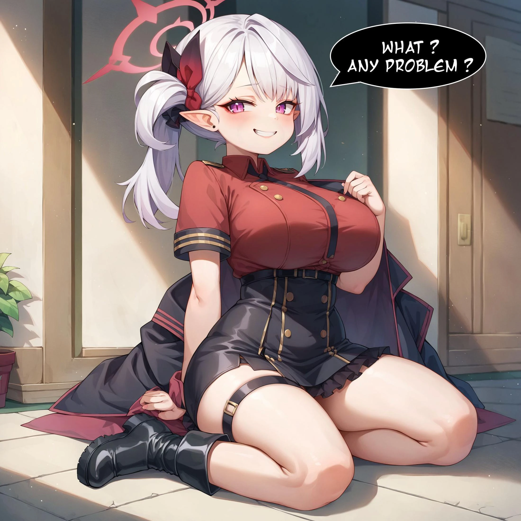 score_9, score_8_up, score_7_up, best quality,masterpiece,professional anime, solo,mutsuki \(blue archive\),purple eyes, eyes closed, laughing, mouth opened,, white hair,side ponytail,halo,pointy ears, evil smile, large breasts, plump, thicc, fat; shy, ropped jacket,short sleeves,high-waist skirt, frilled skirt,black boots,a thigh strap