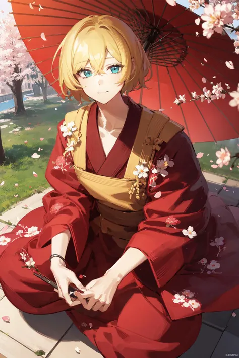 masterpiece, best quality, extremely detailed, detailed background, detailed face, parted bangs, umbrella, japanese clothes, holding, kimono, 1boy, petals, looking at viewer, blonde hair, cherry blossoms, smile, blue eyes, male focus, holding umbrella, apron, short hair, green kimono, reflection, flower, squatting, long sleeves, english text, sitting, falling petals, oil-paper umbrella, pov, outdoors, white apron, solo focus, reaching towards viewer, closed mouth