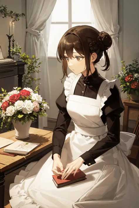 masterpiece, best quality, extremely detailed, detailed background, detailed face, multiple girls, 2girls, curtains, flower, dress, piano, sitting, red flower, long hair, book, maid, white dress, candle, long sleeves, instrument, rose, window, indoors, holding, apron, puffy sleeves, blonde hair, bouquet, red rose, white flower, black hair, maid apron, music, candlestand, bow, looking at another, braid, english text, black dress, single hair bun, brown hair, holding flower, white apron, bangs, juliet sleeves, table, sunlight, hair bun, short hair