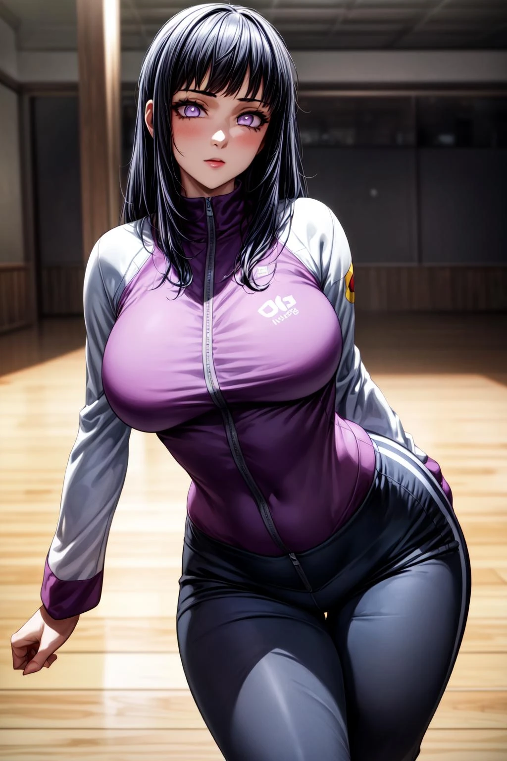 best quality, masterpiece, 1girl, (solo:1.1), raytracing, ultra detailed,detailed face, 8k wallpaper, (medium breasts, wide hips:1.2), <lora:more_details:1>, HinataHyuugaNDV, 1girl, black hair, medium hair, purple eyes, large breasts, white eyes, fishnets, <lora:HinataHyuugaNDV:0.7>, sports jacket, pants
