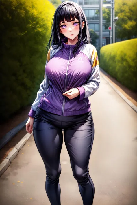 best quality, masterpiece, 1girl, (solo:1.1), raytracing, ultra detailed,detailed face, 8k wallpaper, (medium breasts, wide hips:1.2), <lora:more_details:1>, HinataHyuugaNDV, 1girl, black hair, medium hair, purple eyes, large breasts, white eyes, fishnets, <lora:HinataHyuugaNDV:0.7>, sports jacket, pants, outdoor