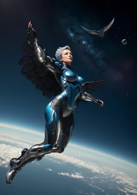 (8k, ultra quality, masterpiece:1.5), (Dutch angle:1.3), 
  (SteelHeartQuiron character, silver metallic short hair, science fiction:1.2), Woman (soaring|flying) through clouds,  (metallic wings:1.3), Hajime Sorayama Style,  shiny costume,  (isometric:1.0), (fisheye:0.7), (bubble:0.7), dark theme, well drawn eyes, gopro, action shot, flying, dynamic action, beautiful facial features, pretty lips, (Point-of-view shot:1.3), art by todd mcfarlane, trending on deviant art,  low iso, <lora:epiNoiseoffset_v2:1.3> , <lyco:quiron_SteelHeart_V3Lycoris:1.0>