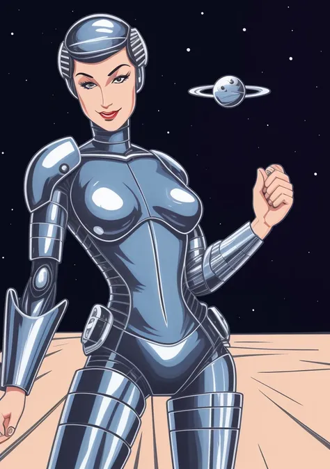 (masterpiece, best quality, high resolution), (cartoon style:1.4), cowboy shot, 1girl, solo, raw photo,
intricate bodysuit, skintight metallic silver armor, cyborg goddess,
(SteelHeartQuiron character), 1girl, solo, muscle legs, abs, (silver metalic short hair:1.5), metalic futuristic bodysuit, science fiction, clenched hand, retro futuristic heroine, art deco of a space woman, scifi woman,
<lyco:quiron_SteelHeart_V3Lycoris:1.0>