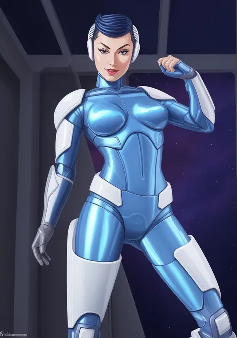 (masterpiece, best quality, high resolution), (cartoon style:1.4), cowboy shot, 1girl, solo, raw photo, 
 intricate bodysuit, skintight  metallic silver armor, cyborg goddess, 
(SteelHeartQuiron character),  1girl, solo,  muscle legs, abs,  (silver metalic  short hair:1.5), metalic futuristic bodysuit,  science fiction,  clenched hand,  retro futuristic heroine, art deco of a space woman,  scifi woman, 
<lyco:quiron_SteelHeart_V3Lycoris:1.0>