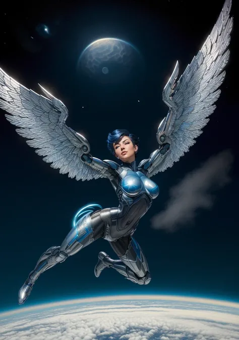(8k, ultra quality, masterpiece:1.5), (Dutch angle:1.3),
(SteelHeartQuiron character, silver metallic short hair, science fiction:1.2), Woman (soaring|flying) through clouds, (metallic wings:1.3), Hajime Sorayama Style, shiny costume, (isometric:1.0), (fisheye:0.7), (bubble:0.7), dark theme, well drawn eyes, gopro, action shot, flying, dynamic action, beautiful facial features, pretty lips, (Point-of-view shot:1.3), art by todd mcfarlane, trending on deviant art, low iso, <lora:epiNoiseoffset_v2:1.3> , <lyco:quiron_SteelHeart_V3Lycoris:1.0>