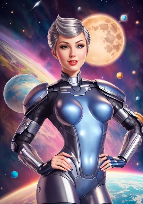 (masterpiece, best quality, high resolution), ( 1human arm:1.3), (cyborg:0.8), intricate bodysuit, 
(SteelHeartQuiron character),  1girl, solo,  (silver metalic  short hair:1.5), metalic futuristic bodysuit,  science fiction,  clenched hand, glowing a close up of a cartoon of a woman in a space suit, digital art inspired by Rob Liefeld, deviantart contest winner, digital art, as a retro futuristic heroine, art deco of a space woman, scifi woman, as a retrofuturistic heroine, 60's sci-fi pinup, 60's sci-fi pinup style, cyborg goddess in cosmos,
 <lyco:quiron_SteelHeart_V3Lycoris:1.0>