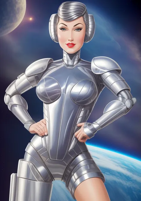 (masterpiece, best quality, high resolution), (cartoon style:1.2), cowboy shot, 1girl, solo, raw photo, 
 intricate bodysuit, skintight  metallic silver armor, cyborg goddess, 
(SteelHeartQuiron character),  1girl, solo,  muscle legs, abs,  (silver metallic  short hair:1.5), metallic futuristic bodysuit,  science fiction,  clenched hand,  retro futuristic heroine, art deco of a space woman,  scifi woman, 
<lyco:quiron_SteelHeart_V3Lycoris:1.0>