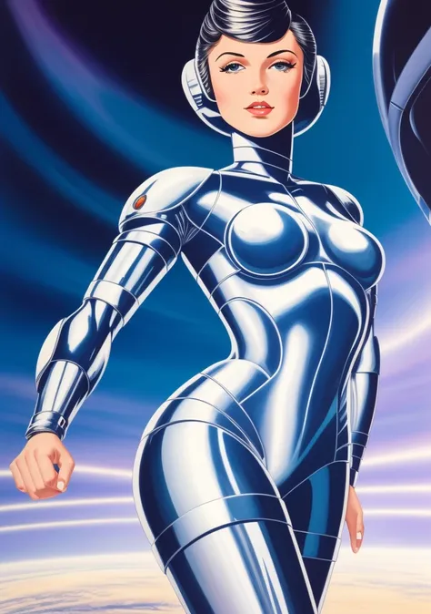 (masterpiece, best quality, high resolution), cowboy shot, 1girl, solo, raw photo, 1980s \(style\), retro artstyle,
intricate bodysuit, skintight metallic silver armor, cyborg goddess,
(SteelHeartQuiron character), 1girl, solo, muscle legs, abs, (silver metallic short hair:1.5), metallic futuristic bodysuit, science fiction, clenched hand, retro futuristic heroine, art deco of a space woman, scifi woman,
<lyco:quiron_SteelHeart_V3Lycoris:1.0>