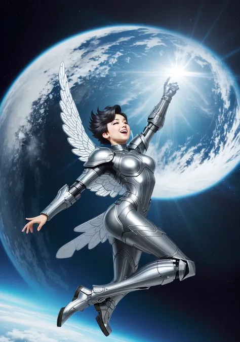 Woman (soaring|flying) through clouds,  (Dutch angle:1.3),  (8k, ultra quality, masterpiece:1.2), low iso, (metallic wings:1.3), undercut hairstyle, soaring through the clouds, arms stretched out, silver hair, yelling, screaming with joy: <lyco:quiron_SteelHeart_V3Lycoris:0.8> (SteelHeartQuiron character, silver metallic short hair, science fiction:1.2), Sorayama Style, chrome armor, shiny costume, chrome hair, [HRGIger:.25], (isometric:1.0), (fisheye:0.7), (bubble:0.7), dark theme, well drawn eyes, gopro, action shot, flying, yelling, shouting, smiling, dynamic action, beautiful facial features, pretty lips, (Point-of-view shot:1.3), art by todd mcfarlane, trending on deviant art,  low iso, <lora:epiNoiseoffset_v2:0.7>