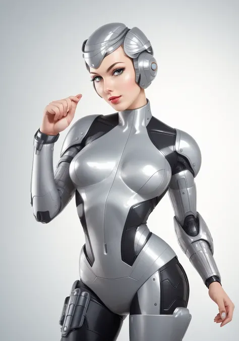 (masterpiece, best quality, high resolution), cowboy shot, 1girl, solo, raw photo, 1980s \(style\), retro artstyle, cartoon style,
intricate bodysuit, skintight metallic silver armor, cyborg goddess,
(SteelHeartQuiron character), 1girl, solo, muscle legs, abs, (silver metallic short hair:1.5), metallic futuristic bodysuit, science fiction, clenched hand, retro futuristic heroine, art deco of a space woman, scifi woman,
<lyco:quiron_SteelHeart_V3Lycoris:1.0>
