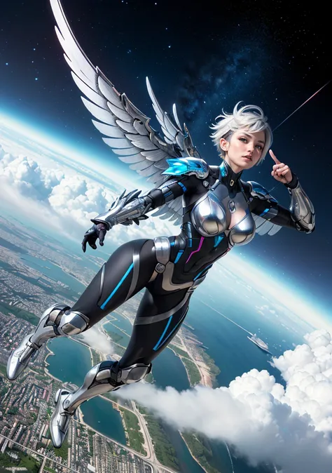 1girl (flying) through clouds, (Dutch angle:1.3), (8k, ultra quality, masterpiece:1.2), low iso, (metallic wings:1.3), undercut hairstyle, soaring through the clouds, arms stretched out, silver hair, (SteelHeartQuiron character), (silver metallic short hair, science fiction:1.2), Sorayama Style, chrome armor, shiny costume, chrome hair, (isometric:1.0), (fisheye:0.7), (bubble:0.7), dark theme, well drawn eyes, gopro, action shot, flying, dynamic action, beautiful facial features, pretty lips, (Point-of-view shot:1.3), art by todd mcfarlane, trending on deviant art, <lyco:quiron_SteelHeart_V3Lycoris:0.57>