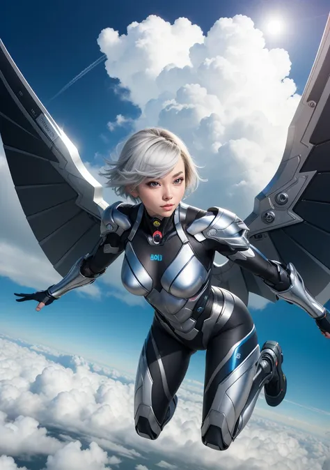 1girl (flying) through clouds, (Dutch angle:1.3), (8k, ultra quality, masterpiece:1.2), low iso, (metallic wings:1.3), undercut hairstyle, soaring through the clouds, arms stretched out, silver hair,   (SteelHeartQuiron character), (silver metallic short hair, science fiction:1.2), (Sorayama Style:1.3), chrome armor, shiny costume, chrome hair, (fisheye:0.7), (bubble:0.7), dark theme, well drawn eyes, gopro, action shot, flying, dynamic action, beautiful facial features, pretty lips, (Point-of-view shot), art by todd mcfarlane, trending on deviant art, <lyco:quiron_SteelHeart_V3Lycoris:0.37>