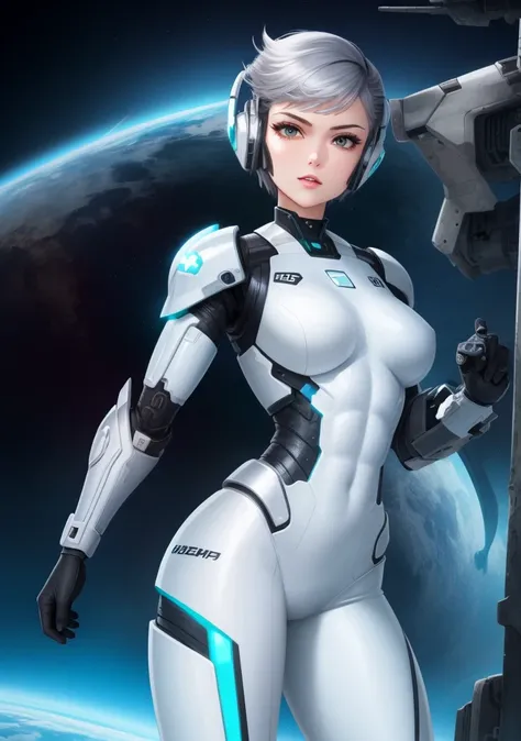 (masterpiece, best quality, high resolution),  cowboy shot, 1girl, solo, 
 intricate bodysuit, skintight  metallic silver armor, cyborg goddess, 
(SteelHeartQuiron character),  1girl, solo,  muscle legs, abs,  (silver metallic  short hair:1.5), metallic futuristic bodysuit,  science fiction,  clenched hand,  retro futuristic heroine, art deco of a space woman,  scifi woman, 
<lyco:quiron_SteelHeart_V3Lycoris:1.0>