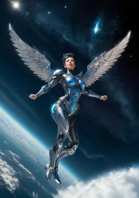 Woman (soaring|flying) through clouds,  (Dutch angle:1.3),  (8k, ultra quality, masterpiece:1.5), (metallic wings:1.3),   (SteelHeartQuiron character, silver metallic short hair, science fiction:1.2), Hajime Sorayama Style,  shiny costume,  (isometric:1.0), (fisheye:0.7), (bubble:0.7), dark theme, well drawn eyes, gopro, action shot, flying, yelling, shouting, smiling, dynamic action, beautiful facial features, pretty lips, (Point-of-view shot:1.3), art by todd mcfarlane, trending on deviant art,  low iso, <lora:epiNoiseoffset_v2:1.1> , <lyco:quiron_SteelHeart_V3Lycoris:1.0>