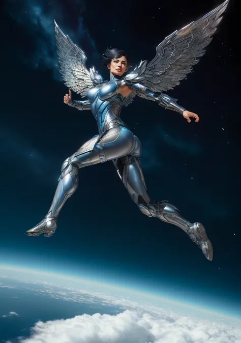 Woman (soaring|flying) through clouds, (Dutch angle:1.3), (8k, ultra quality, masterpiece:1.5), (metallic wings:1.3), arms stretched out, <lyco:quiron_SteelHeart_V3Lycoris:1.0> (SteelHeartQuiron character, silver metallic short hair, science fiction:1.2), Sorayama Style, shiny costume, (isometric:1.0), (fisheye:0.7), (bubble:0.7), dark theme, well drawn eyes, gopro, action shot, flying, yelling, shouting, smiling, dynamic action, beautiful facial features, pretty lips, (Point-of-view shot:1.3), art by todd mcfarlane, trending on deviant art, low iso, <lora:epiNoiseoffset_v2:1.1>