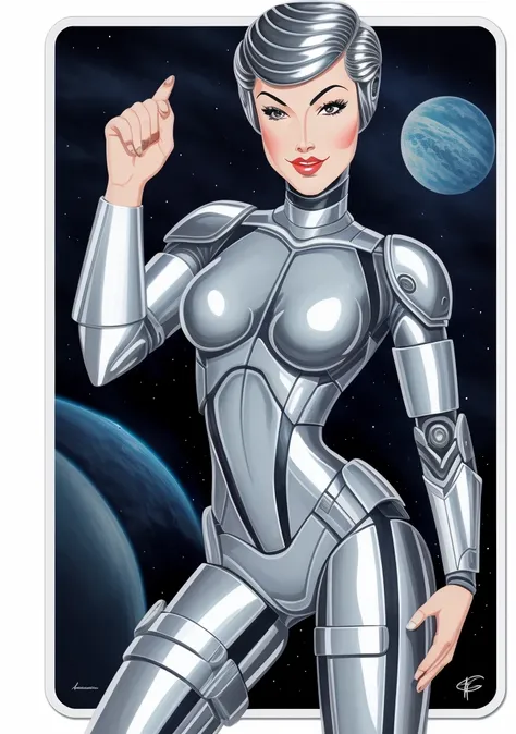 (masterpiece, best quality, high resolution), (cartoon style:1.3), cowboy shot, 1girl, solo, raw photo,
intricate bodysuit, skintight metallic silver armor, cyborg goddess,
(SteelHeartQuiron character), 1girl, solo, muscle legs, abs, (silver metallic short hair:1.5), metallic futuristic bodysuit, science fiction, clenched hand, retro futuristic heroine, art deco of a space woman, scifi woman,
<lyco:quiron_SteelHeart_V3Lycoris:1.0>