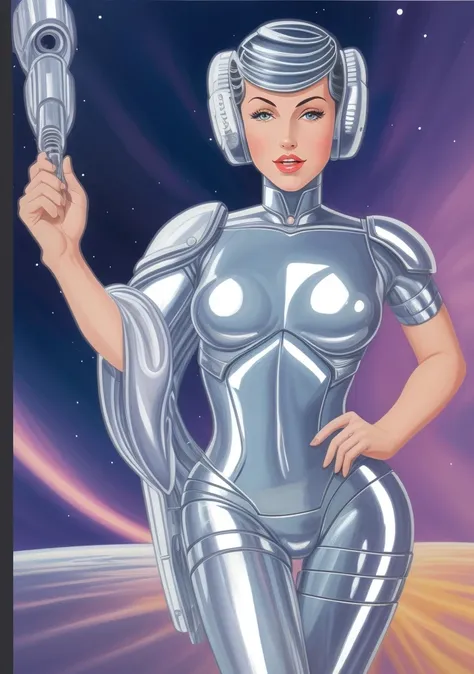 (masterpiece, best quality, high resolution), (cartoon style), cowboy shot, 1girl, solo, raw photo, 1980s \(style\), retro artstyle, 
 intricate bodysuit, skintight  metallic silver armor, cyborg goddess, 
(SteelHeartQuiron character),  1girl, solo,  muscle legs, abs,  (silver metallic  short hair:1.5), metallic futuristic bodysuit,  science fiction,  clenched hand,  retro futuristic heroine, art deco of a space woman,  scifi woman, 
<lyco:quiron_SteelHeart_V3Lycoris:1.0>