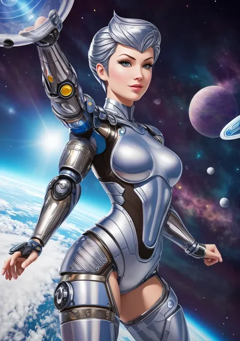 (masterpiece, best quality, high resolution), ( 1human arm:1.3), (cyborg:0.8), intricate bodysuit, cartoon, (style of David Michael Bowers:1.5),
(SteelHeartQuiron character),  1girl, solo,  muscle legs, abs,  (silver metalic  short hair:1.5), metalic futuristic bodysuit,  science fiction,  clenched hand, a close up of a cartoon of a woman in a space suit, 
<lyco:quiron_SteelHeart_V3Lycoris:1.0>