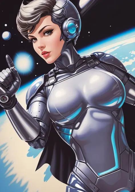 (masterpiece, best quality, high resolution), ( 1human arm:1.3), (cyborg:0.8), intricate bodysuit, cartoon, (style of Rafael Albuquerque:1.5),
(SteelHeartQuiron character),  1girl, solo,  muscle legs, abs,  (silver metalic  short hair:1.5), metalic futuristic bodysuit,  science fiction,  clenched hand, a close up of a cartoon of a woman in a space suit, 
<lyco:quiron_SteelHeart_V3Lycoris:1.0>