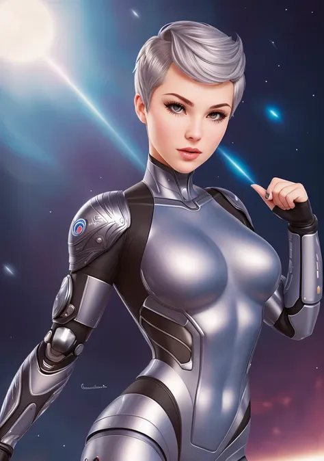 (masterpiece, best quality, high resolution), ( 1human arm:1.3), (cyborg:0.8), intricate bodysuit, cartoon, (style of Charlie Bowater:1.5),
(SteelHeartQuiron character),  1girl, solo,  muscle legs, abs,  (silver metalic  short hair:1.5), metalic futuristic bodysuit,  science fiction,  clenched hand, a close up of a cartoon of a woman in a space suit, 
<lyco:quiron_SteelHeart_V3Lycoris:1.0>