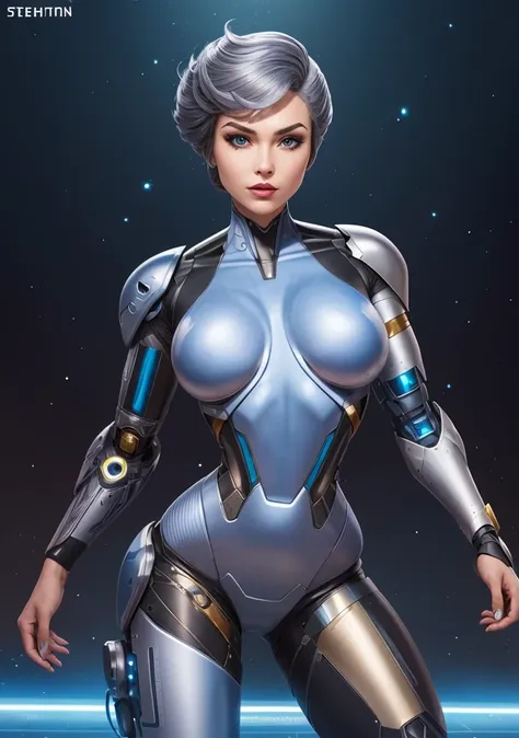 (SteelHeartQuiron character), 1girl, cyborg, solo,   silver metallic hair, lips, bodysuit,  skin tight, science fiction, 
 <lyco:quiron_SteelHeart_V3Lycoris:1.0>