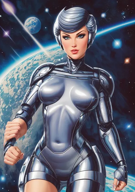 (masterpiece, best quality, high resolution), ( 1human arm:1.3), (cyborg:0.8), intricate bodysuit, cartoon, (style of Neal Adams:1.5),
(SteelHeartQuiron character), 1girl, solo, muscle legs, abs, (silver metalic short hair:1.5), metalic futuristic bodysuit, science fiction, clenched hand, a close up of a cartoon of a woman in a space suit,
<lyco:quiron_SteelHeart_V3Lycoris:1.0>