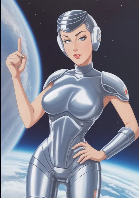 (masterpiece, best quality, high resolution), (cartoon style:1.3), cowboy shot, 1girl, solo, raw photo, 1980s \(style\), retro artstyle, 
 intricate bodysuit, skintight  metallic silver armor, cyborg goddess, 
(SteelHeartQuiron character),  1girl, solo,  muscle legs, abs,  (silver metalic  short hair:1.5), metalic futuristic bodysuit,  science fiction,  clenched hand,  retro futuristic heroine, art deco of a space woman,  scifi woman, 
<lyco:quiron_SteelHeart_V3Lycoris:1.0>