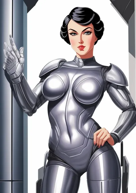 (masterpiece, best quality, high resolution),  cowboy shot, 1girl, solo, raw photo, 1980s \(style\), retro artstyle,  cartoon style, 
 intricate bodysuit, skintight  metallic silver armor, cyborg goddess, 
(SteelHeartQuiron character),  1girl, solo,  muscle legs, abs,  (silver metallic  short hair:1.5), metallic futuristic bodysuit,  science fiction,  clenched hand,  retro futuristic heroine, art deco of a space woman,  scifi woman, 
<lyco:quiron_SteelHeart_V3Lycoris:1.0>