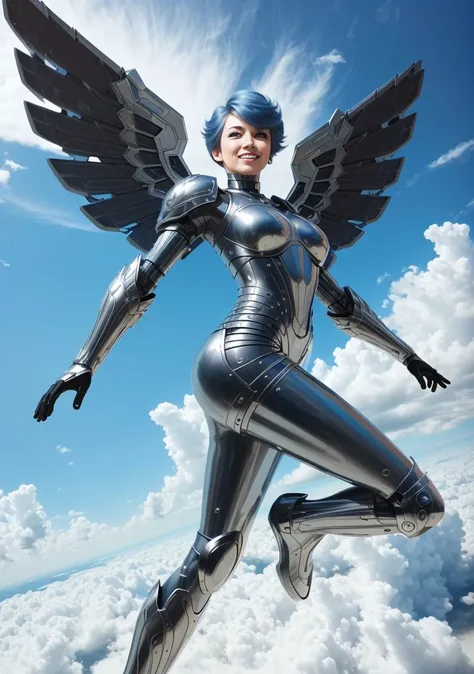 Woman (soaring|flying) through clouds,  (Dutch angle:1.3),  (8k, ultra quality, masterpiece:1.2), low iso, (metallic wings:1.3), undercut hairstyle, soaring through the clouds, arms stretched out, silver hair, yelling, screaming with joy: <lyco:quiron_SteelHeart_V3Lycoris:0.8> (SteelHeartQuiron character, silver metallic short hair, science fiction:1.2), Sorayama Style, chrome armor, shiny costume, chrome hair, [HRGIger:.25], (isometric:1.0), (fisheye:0.7), (bubble:0.7), dark theme, well drawn eyes, gopro, action shot, flying, yelling, shouting, smiling, dynamic action, beautiful facial features, pretty lips, (Point-of-view shot:1.3), art by todd mcfarlane, trending on deviant art,  low iso, <lora:epiNoiseoffset_v2:0.7>