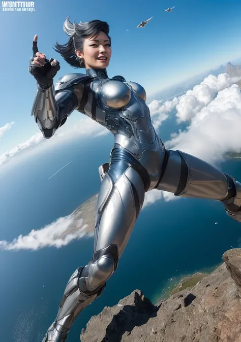 Woman (soaring|flying) through clouds, surrounded by eagles, (Dutch angle:1.3), art by todd mcfarlane, trending on deviant art, (8k, ultra quality, masterpiece:1.2), low iso, (metallic wings:1.3), undercut hairstyle, soaring through the clouds, arms stretched out, silver hair, yelling, screaming with joy: <lyco:quiron_SteelHeart_V3Lycoris:1> (SteelHeartQuiron character, silver metallic short hair, science fiction:1.2), Sorayama Style, chrome armor, shiny costume, chrome hair, [HRGIger:.25], (isometric:1.0), (fisheye:0.7), (bubble:0.7), dark theme, well drawn eyes, gopro, action shot, flying, yelling, shouting, smiling, dynamic action, beautiful facial features, pretty lips, (Point-of-view shot:1.3), art by todd mcfarlane, trending on deviant art,  low iso, <lora:epiNoiseoffset_v2:0.7>