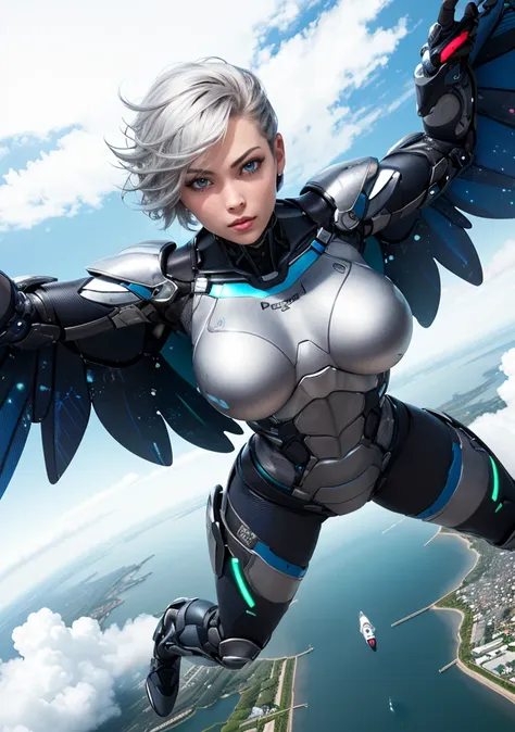 Woman (soaring|flying) through clouds, (Dutch angle:1.3), (8k, ultra quality, masterpiece:1.2), low iso, (metallic wings:1.3), undercut hairstyle, soaring through the clouds, arms stretched out, silver hair,   (SteelHeartQuiron character), (silver metallic short hair, science fiction:1.2), Sorayama Style, chrome armor, shiny costume, chrome hair, [HRGIger:.25], (isometric:1.0), (fisheye:0.7), (bubble:0.7), dark theme, well drawn eyes, gopro, action shot, flying, dynamic action, beautiful facial features, pretty lips, (Point-of-view shot:1.3), art by todd mcfarlane, trending on deviant art, <lyco:quiron_SteelHeart_V3Lycoris:0.97>