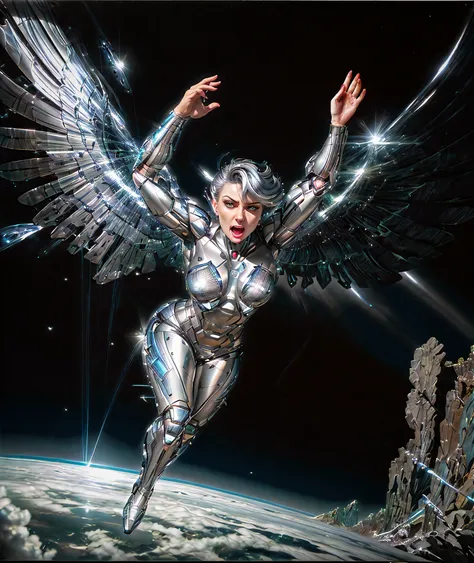 Woman (soaring|flying) through clouds, surrounded by eagles, (Dutch angle:1.2), art by todd mcfarlane, trending on deviant art, (8k, ultra quality, masterpiece:1.2), low iso, metallic wings, undercut hairstyle,
soaring through the clouds, arms stretched out, silver hair, yelling, screaming with joy:
<lyco:quiron_SteelHeart_V3Lycoris:1> (SteelHeartQuiron character, silver metallic short hair, science fiction:1.2), Sorayama Style,
chrome armor, shiny costume, chrome hair, [HRGIger:.25],
(isometric:1.0), (fisheye:1.2), (bubble:1.2), dark theme, well drawn eyes,
gopro, action shot, flying, yelling, shouting, smiling, dynamic action,
beautiful facial features, pretty lips,
(Point-of-view shot:1.3), art by todd mcfarlane, trending on deviant art, (8k, ultra quality, masterpiece:1.2), low iso,
<lora:GachaSplash4:.7> <lora:fisheye:.7><lora:add_detail:.6> <lora:epiNoiseoffset_v2:.4> <lora:lowra_v10:.4><lora:sorayamaStyleHajime_v11:.25> <lora:wowifierV3:.25>:47]