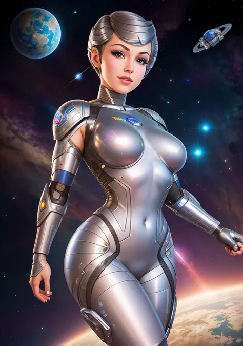 (masterpiece, best quality, high resolution), ( 1human arm:1.3), (cyborg:0.8), intricate bodysuit, skintight silver armor,
(SteelHeartQuiron character),  1girl, solo,  muscle legs, abs,  (silver metalic  short hair:1.5), metalic futuristic bodysuit,  science fiction,  clenched hand, a close up of a cartoon of a woman in a space suit, as a retro futuristic heroine, art deco of a space woman, inspired by Rob Liefeld, scifi woman, as a retrofuturistic heroine, 60's sci-fi pinup, 60's sci-fi pinup style, cyborg goddess in cosmos, beautiful cyborg girl pinup,
<lyco:quiron_SteelHeart_V3Lycoris:1.0>