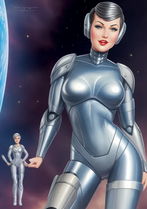 (masterpiece, best quality, high resolution), (cartoon style:1.2), cowboy shot, 1girl, solo, raw photo, 
 intricate bodysuit, skintight  metallic silver armor, cyborg goddess, 
(SteelHeartQuiron character),  1girl, solo,  muscle legs, abs,  (silver metallic  short hair:1.5), metallic futuristic bodysuit,  science fiction,  clenched hand,  retro futuristic heroine, art deco of a space woman,  scifi woman, 
<lyco:quiron_SteelHeart_V3Lycoris:1.0>