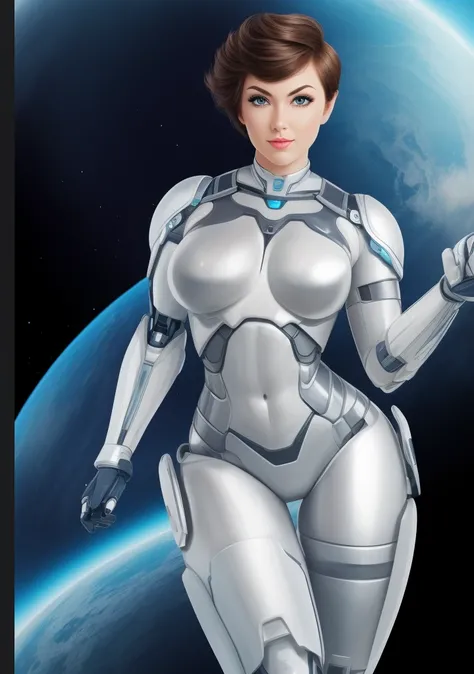 a curvy 18 years old  beautiful  girl with ((one robotic arm )) in the space station, looking at viewer