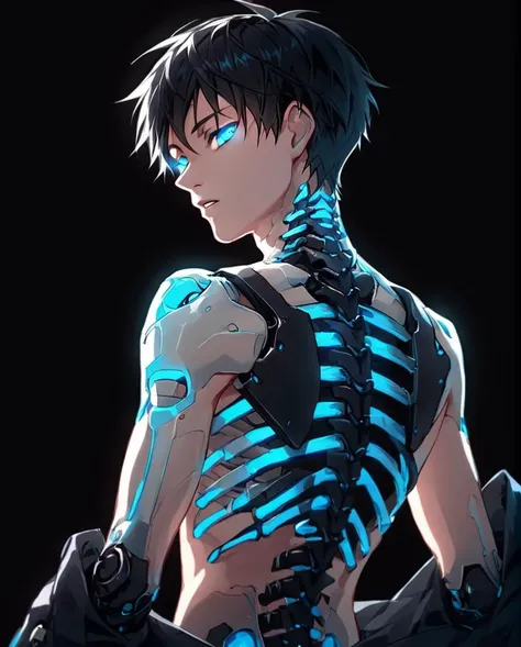 score_9, score_8_up, score_7_up,source_anime, BREAK, <lora:TranslucentVisibility_pony:0.6>,
TranslucentVisibility,score_9,solo,looking at viewer,short hair,blue eyes,simple background,black hair,1boy,upper body,male focus,parted lips,looking back,glowing,black background,glowing eyes,spot color,ribs,skeleton,bone,mechanical parts,spine