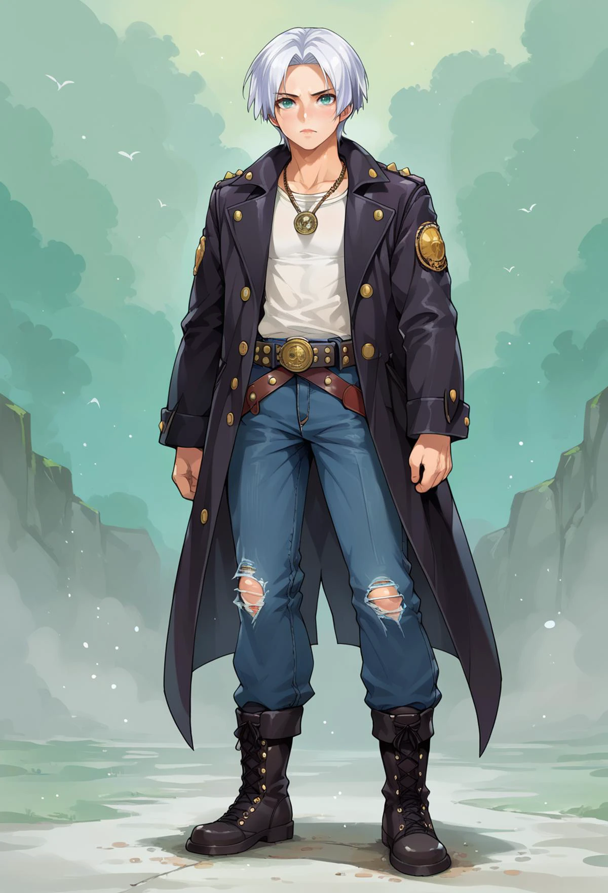 score_9, score_7_up, source_anime, BREAK <lora:IshikePony:0.85>, solo, 1boy, teal eyes, tsurime, parted bangs, white hair, medium hair, straight hair, shoulder-length hair,, coat, shirt, pants, studded belt, multiple belts, combat boots, torn clothes, necklace, black coat, black and green theme,