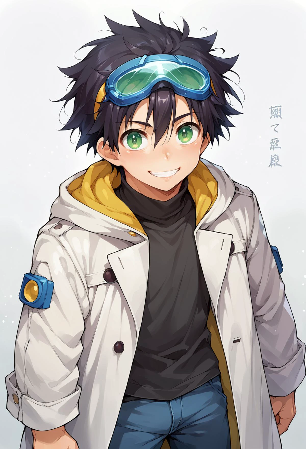 score_9, score_7_up, source_anime, BREAK <lora:IshikePony:0.85>, solo, smile, 1boy, green eyes, short hair, black hair, bangs, hair between eyes, messy hair, (goggles on head:1.2),, headband, white coat, hooded coat, hood down, open coat, turtleneck, capri pants, pants, black knee boots,