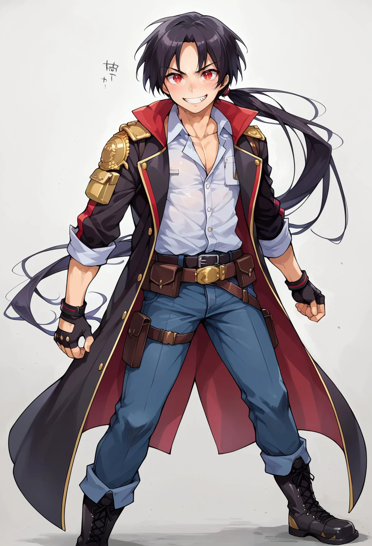 score_9, score_7_up, source_anime, BREAK <lora:IshikePony:0.85> black leggings,, solo, smug smile,
1boy, red eyes, tsurime, black hair, parted bangs, hair intakes, ponytail, short hair with long locks, very long bangs, fang,, jacket on shoulders, black coat, dress shirt, sleeves rolled up, fingerless gloves, pants, belt, multiple belts, combat boots, shoulder holster, chest belt,