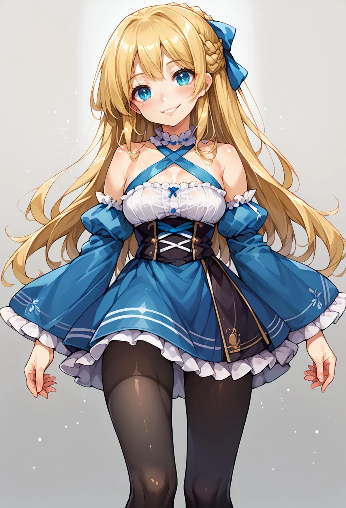 score_9, score_7_up, source_anime, BREAK smile, standing, head tilt, <lora:mxmarina:1> mxmarina, french braid, half updo, Hair ribbon, frilled choker, criss-cross halter, sleeveless dress, high-waist skirt, backless dress, blue dress, waist blue bow, detached sleeves, frilled sleeves, wide sleeves, blue sleeves, black pantyhose, patterned legwear, pinstripe pantyhose, mary janes, <lora:IshikePony:0.85>