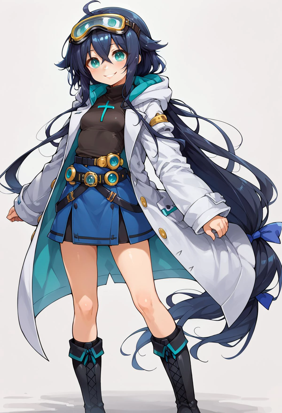 score_9, score_7_up, source_anime, BREAK <lora:IshikePony:0.85> black leggings,, solo, smile, 1girl, aqua eyes, (black hair:1.2), low ponytail, ahoge, absurdly long hair, very long hair, hair flaps, hair between eyes, bangs, crossed bangs, small breasts, (goggles on head:1.2),, hooded coat, open coat, black turtleneck, blue half-skirt, pants, black knee boots, multiple straps, white coat, layered clothes, blue hair ribbon, pants under skirt, belt, chest belt,