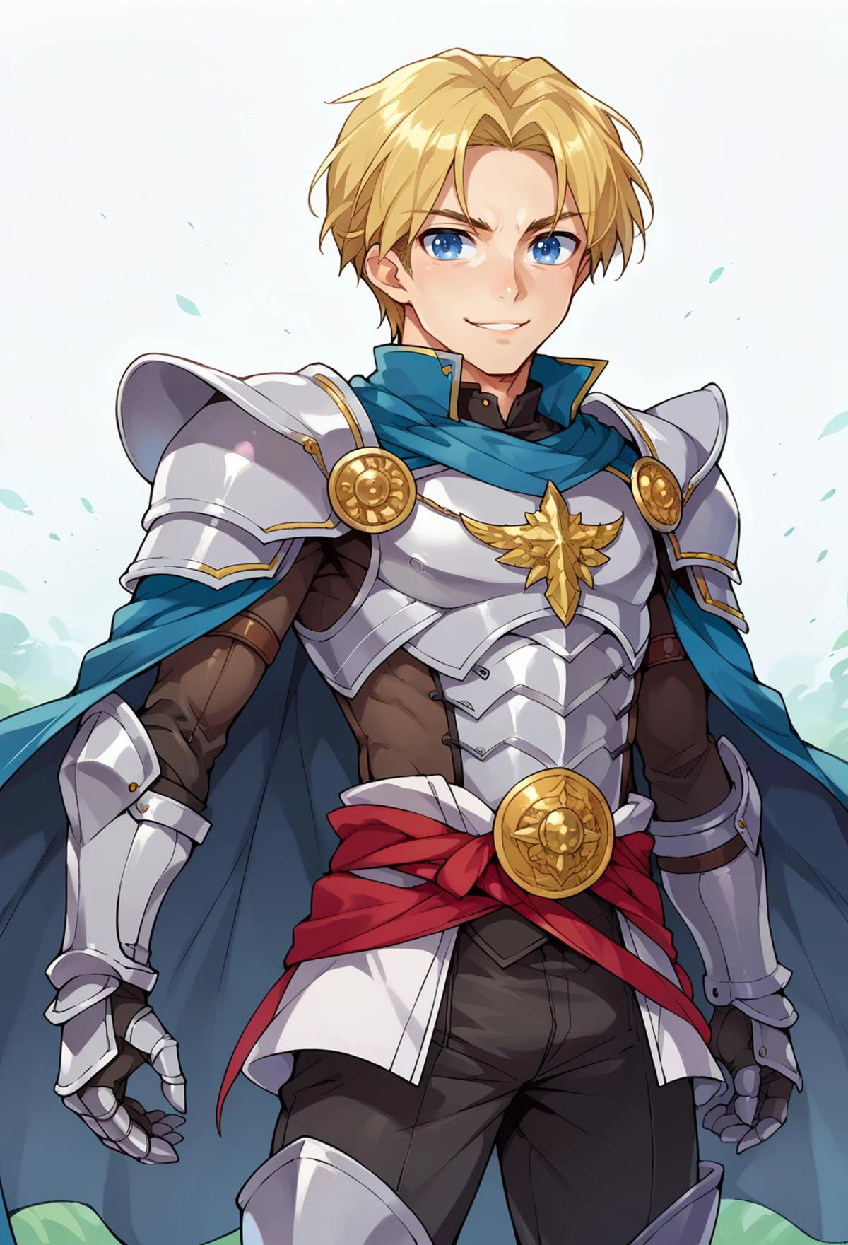 score_9, score_7_up, source_anime, BREAK <lora:IshikePony:0.85>, solo, smile, 1boy, blue eyes, medium blonde hair, parted bangs, hair intakes,, armor, pauldrons, cuirass, gauntlets, waist cape, greaves, black bodysuit, surcoat, shoulder sash, wing shoulder armor, cape, pants,