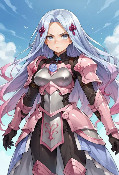 score_9, score_7_up, source_anime, BREAK  <lora:IshikePony:0.85>, serious, 1girl, white eyes, white hair, very long hair, parted hair, parted bangs, medium breasts, gradient hair, lilac hair, wing hair ornament,, valkyrie, black bodysuit, armor, gauntlets, greaves, pink breastplate, grey armored skirt, armored dress, pink hues,