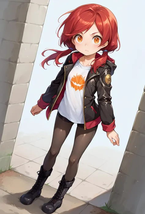 score_9, score_7_up, source_anime, BREAK  <lora:IshikePony:0.85>, solo, 1girl, red hair, orange eyes, amber eyes, tsurime, swept bangs, parted bangs, low twintails, short hair, medium hair, small breasts,, leggings, leather jacket, long shirt, combat boots, hoodie,