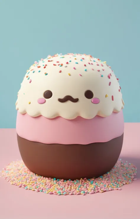 3d isometric, blender render, soft colorful-hued colors, <lora:Squishmallows:0.45> a tiny and cute Squishmallow chocolate cake with sprinkles, Two tone lighting, simple background