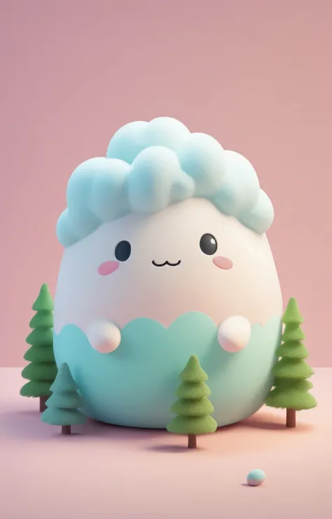 3d isometric, blender render, soft colorful-hued colors, <lora:Squishmallows:0.4> a tiny and cute Squishmallow fluffy cloud and trees, Two tone lighting, simple background